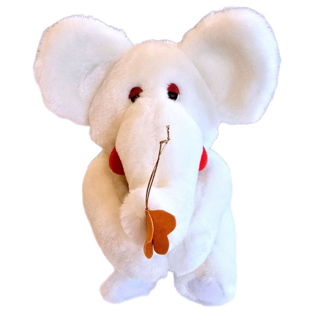 Vtg 90s Play By Play White Elephant Plush 10" Red Heart Good Luck Trunk Up VGC